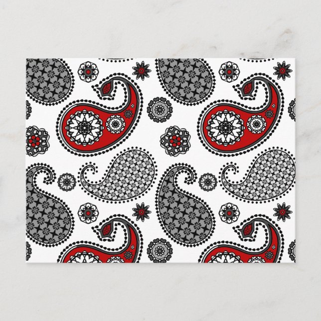 Postal Patrón paisley, negro, blanco y rojo (Anverso)