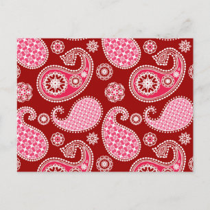Postal Patrón paisley, rojo oscuro, rosa y blanco