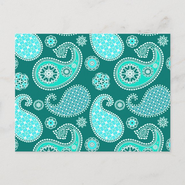Postal Patrón paisley, turquesa, acuática y blanco (Anverso)