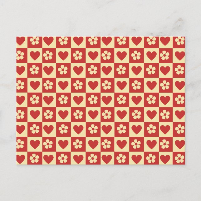 Postal Patrón Retro de Corazones y Flores en Cuadros  (Anverso)