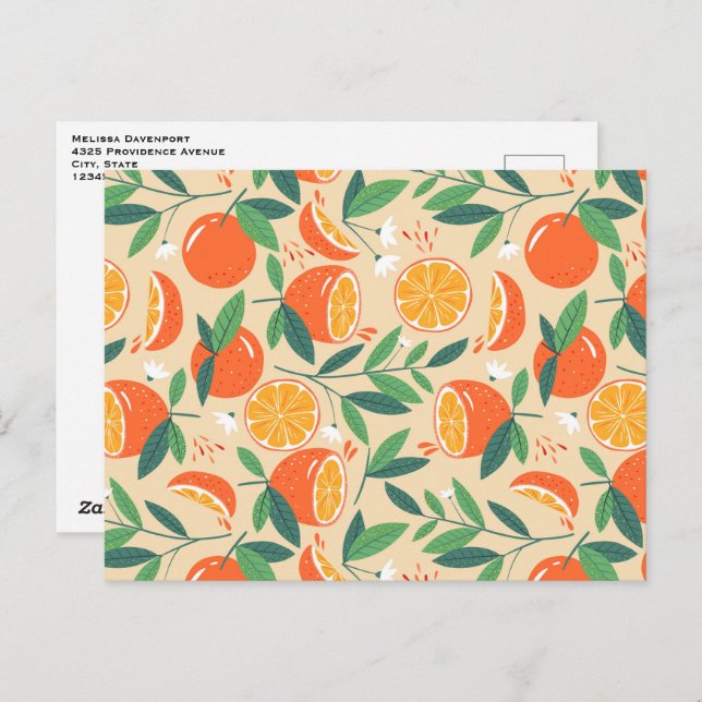 Postal Patrón retro de fruta de cítricos naranja (Anverso / Reverso)