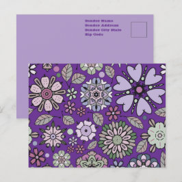 Postal Patrón retro pastel rosa morado floral sin soldadu