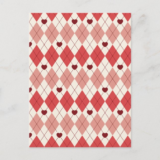 Postal Patrón sin costuras de corazón rojo argyle Romance (Anverso)