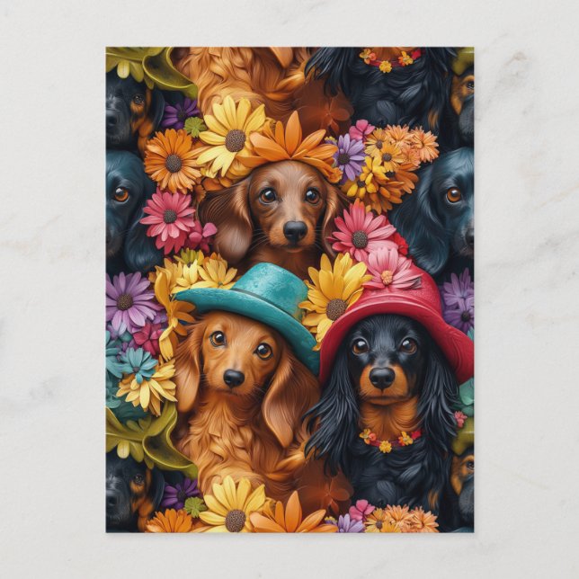 Postal Patrón sin soldadura de Dachshund floral - Amantes (Anverso)