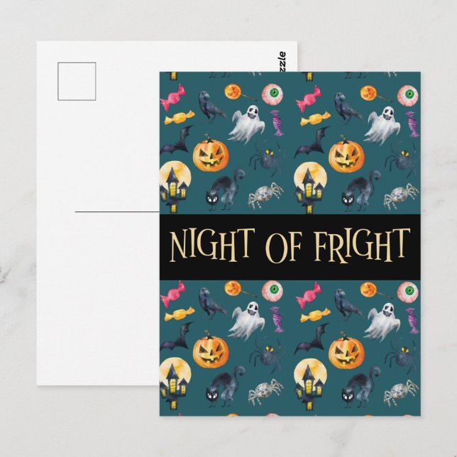 Postal Patrón verde de Halloween de "Noche de la Muerte" (Anverso / Reverso)