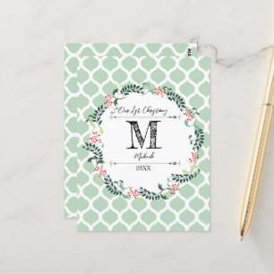 Postal Patrón verde Feliz Navidad Nochebuena Monograma Be