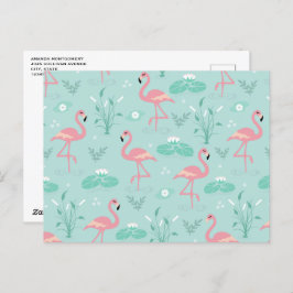 Postal Patrón verde Pastel Rosa Flamingos