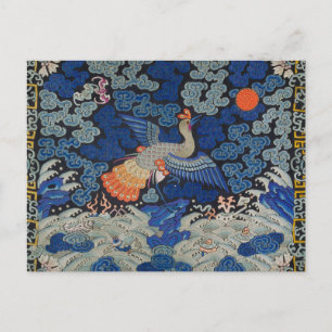 Postal Patrón Vintage de Grulla China: Azul Imperial