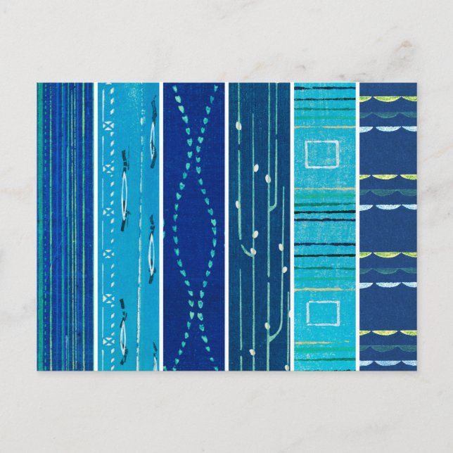 Postal Patrones textiles de bloques de madera azul japoné (Anverso)