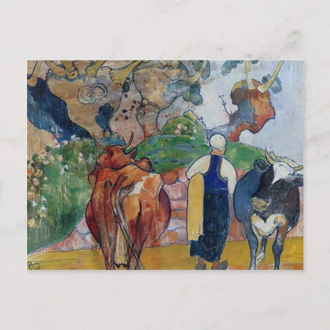 Postal Paul Gauguin-Campesina y vacas en un paisaje (Anverso)