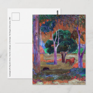 Postal Paul Gauguin - Paisaje con un cerdo y un caballo
