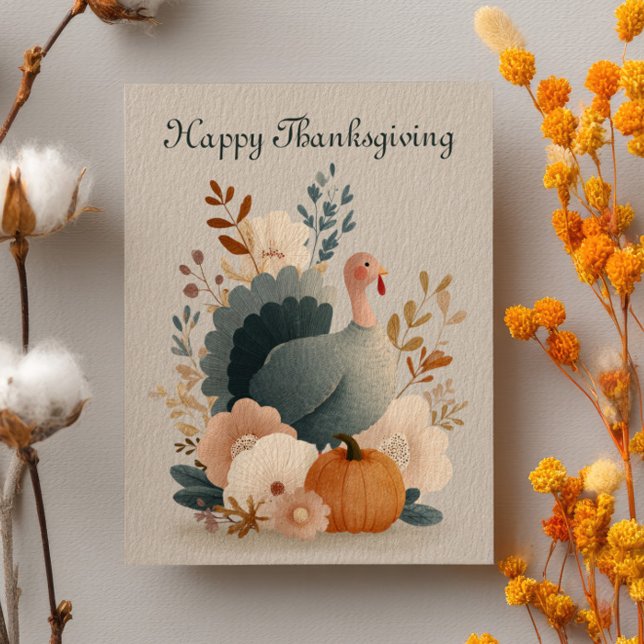 Postal Pavo con follaje de otoño pastel feliz día de acci (Subido por el creador)