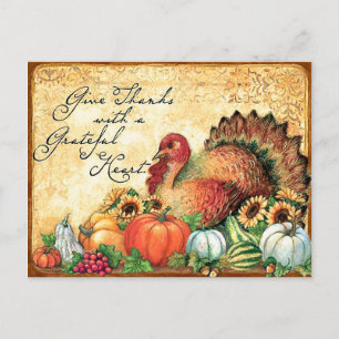 Postal Pavo con frutas de otoño, Día de Acción de Gracias
