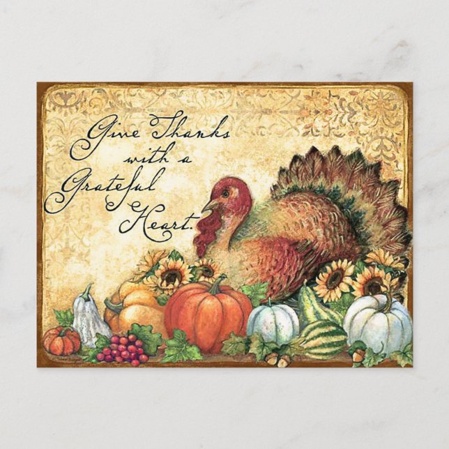 Postal Pavo con frutas de otoño, Día de Acción de Gracias (Anverso)