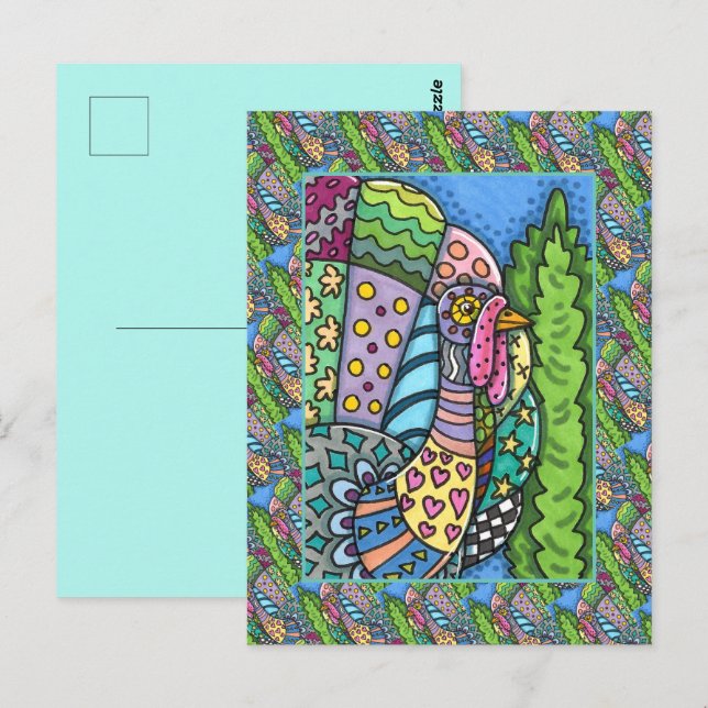 POSTAL PAVO DE ACCIÓN DE GRACIAS, PLUMAS DE PATCHWORK, AR (Anverso / Reverso)