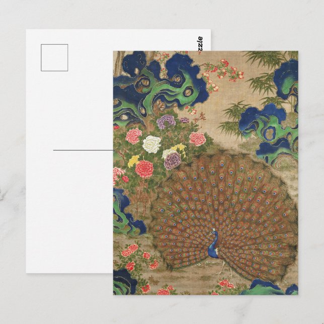Postal Pavo de pavo real y flores (siglo XVII) (Anverso / Reverso)