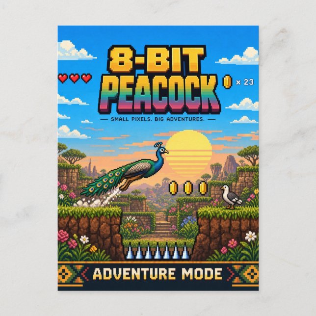 Postal Pavo real, arte de píxel retro de 8 bits (Anverso)