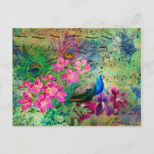 Postal Pavo Real Azul Vintage Flores Rosadas Teal Música