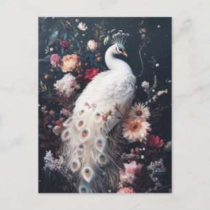 Postal Pavo Real Blanco Elegante en Jardín Nocturno Flora