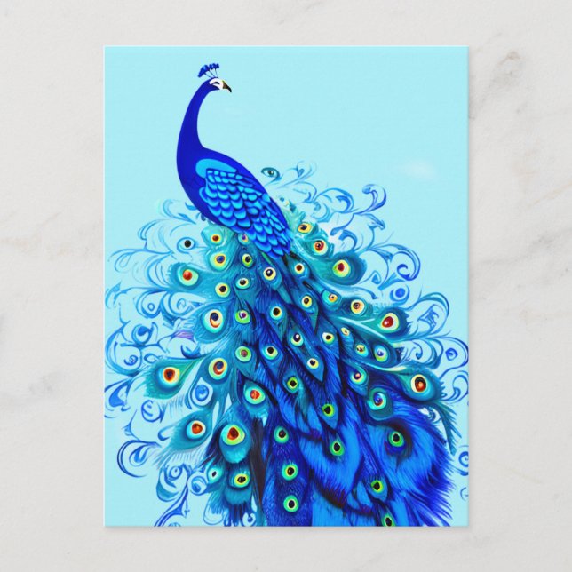 Postal Pavo real en turquesa, azul cobalto y agua (Anverso)