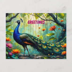 Postal Pavo real en un rompecabezas de jungla floral
