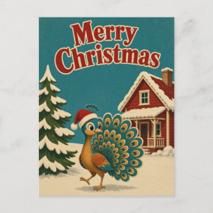 Postal Pavo Real Rojo Cabaña Animal Navidad