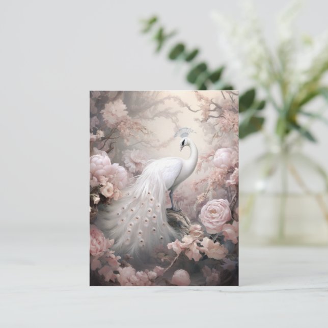 Postal Pavo Real Romántico y Flores Rosa Rubor (Anverso de pie)