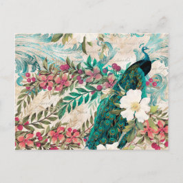 Postal Pavo Verde azulado de estilo vintage y floral rosa