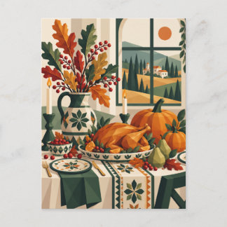 Postal Pavo y calabazas de arte popular retro Día de Acci