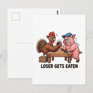 Postal Pavo y cerdo divertidos luchando con los brazos en