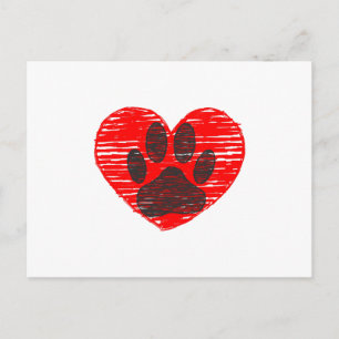 Postal Paw De Perro Esbozada En El Corazón Rojo