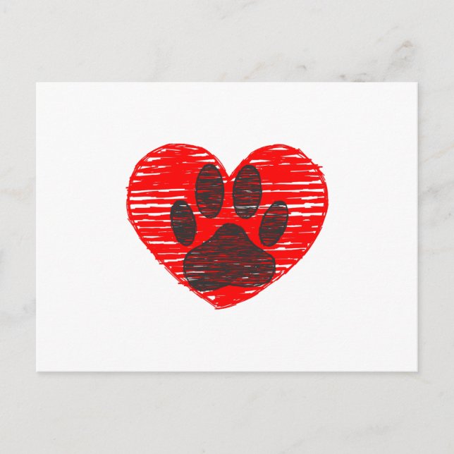 Postal Paw De Perro Esbozada En El Corazón Rojo (Anverso)