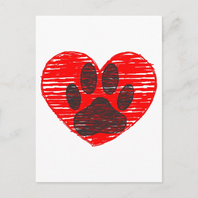 Postal Paw De Perro Esbozada En El Corazón Rojo (Anverso)