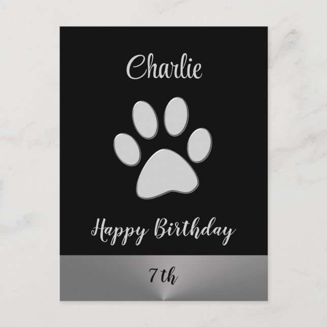Postal Paw de perro plateado sobre fondo negro (Anverso)