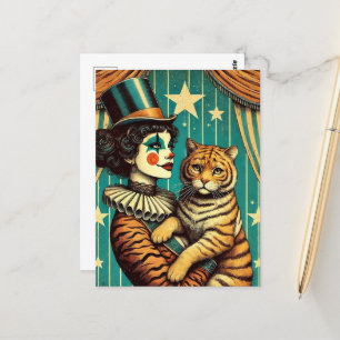 Postal Payaso circo y un gatito tigre