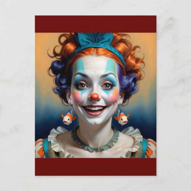 Postal payaso gracioso con peces como pendientes (Anverso)