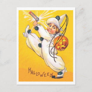 Postal Payaso niño celebrando Halloween, vintage