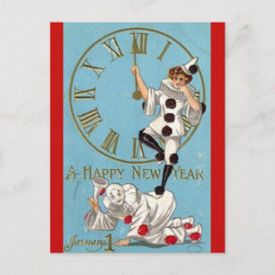 Postal Payasos Antiguos a Medianoche Feliz Año Nuevo