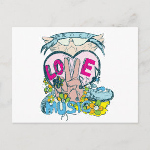 Postal paz amor música retro hippie arte vectorial