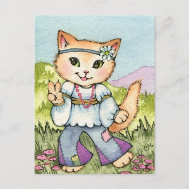 Postal Paz - Cute Hippie Arte Gato de los 60 (Anverso)