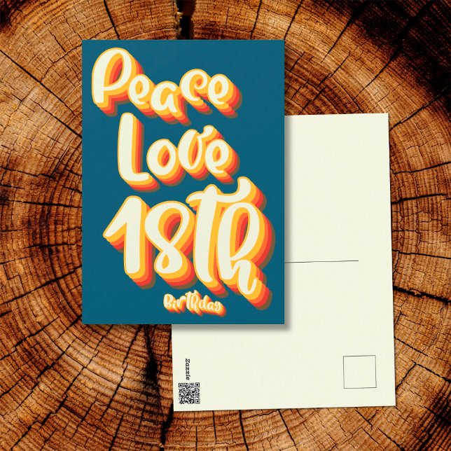 Postal Peace Love Blue Retro Groovy 18º cumpleaños feliz (Front and Back)