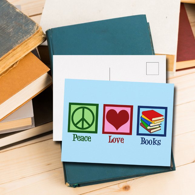 Postal Peace Love Books Cute Blue Book Store (Subido por el creador)