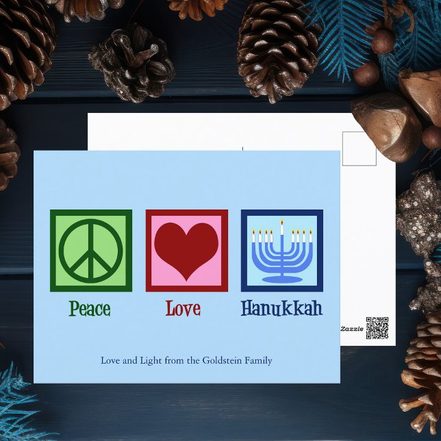 Postal Peace Love Hanukkah Cute Personalizado Blue (Subido por el creador)