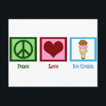 Postal Peace Love Ice Cream<br><div class="desc">signo de paz de la bonito,  corazón y una cuchara triple de chocolate,  vainilla y helado de fresa en un cono. Una bonita postal de heladería para una tienda de postres.</div>