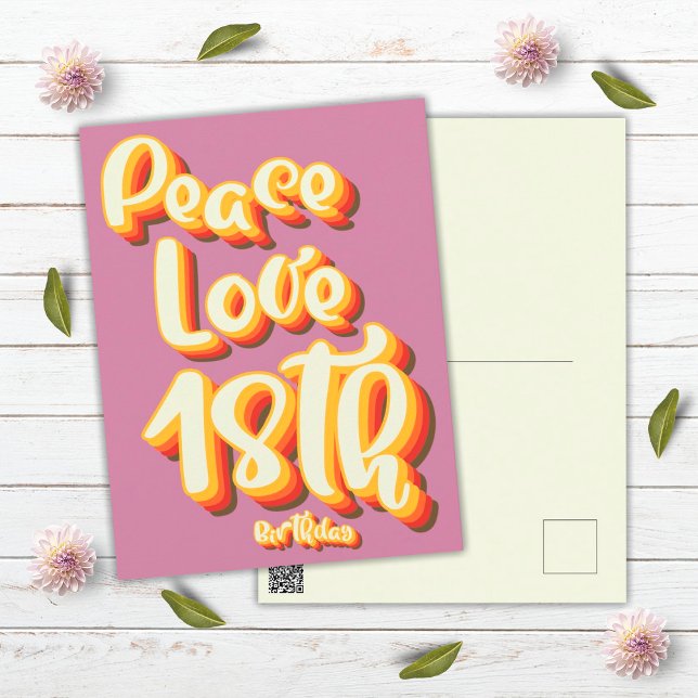 Postal Peace Love Pink Retro Groovy 18º cumpleaños feliz (Front and Back)