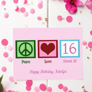 Postal Peace Love Sweet 16 Bonito Pink 16º cumpleaños