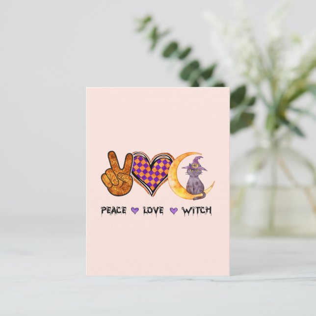 Postal Peace Love Witch - Diseño de Halloween (Anverso de pie)