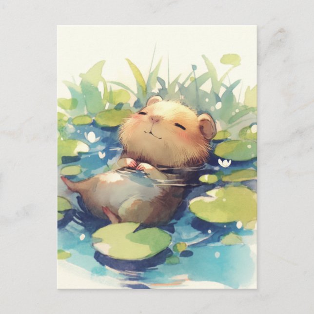 Postal Peaceful Capybara Floating in Water Lily Pond (Anverso)