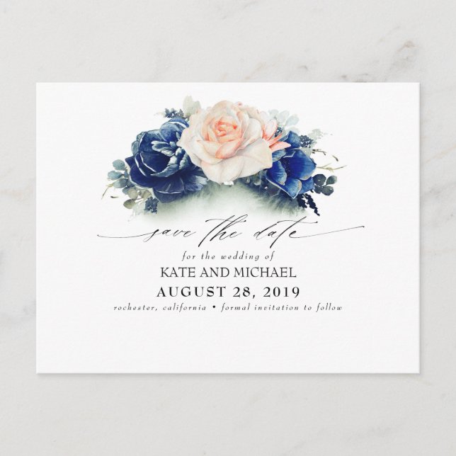 Postal Peach and Navy Blue Floral Boho Save the Date (Anverso)