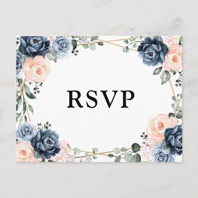 Postal Peach azul turbio Rubor Floral Geométrica RSVP Pos (Anverso)